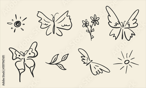 Set of butterflies and plants icons isolated on light background. Collection of hand drawn butterflies. Design elements for your project. Vector illustration