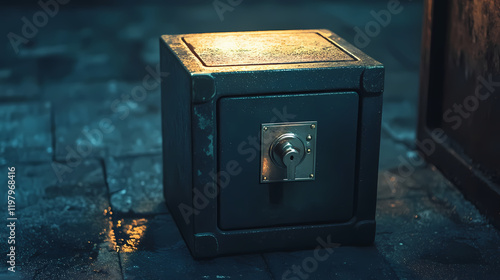 Emergency safe box, low light photography, security, steel safe, combination lock, isolated safe, night safe, hidden safe, burglary protection, secure storage. Moonbark. Illustration photo