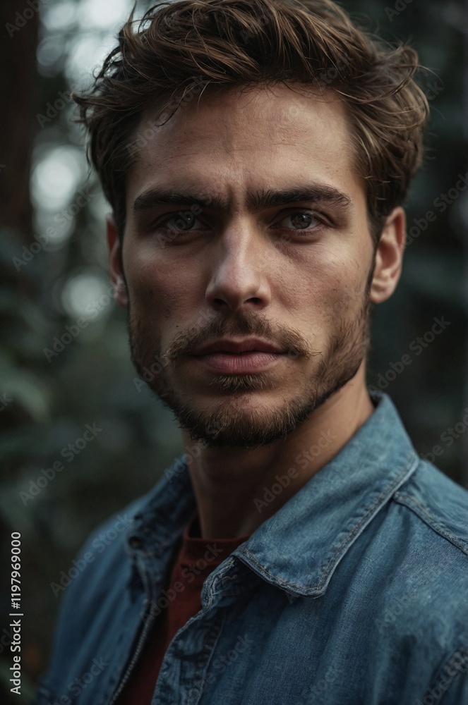 Fototapeta premium Young man with intense gaze in a forest setting during twilight