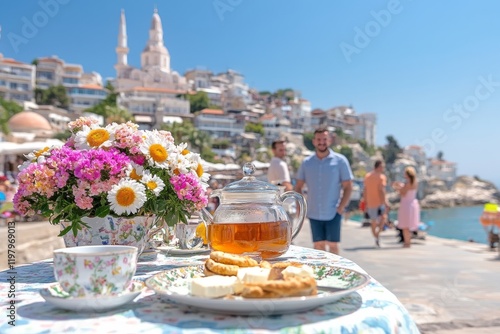 Terraza al aire libre con vistas al mar y un ambiente acogedor junto a un servicio de té en una hermosa mañana photo