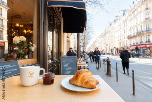 Terraza animada de un café parisino en primavera con croissant y bebida caliente photo