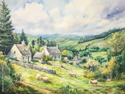 Wallpaper Mural Serene countryside landscape with sheep grazing near charming cottages in green hills Torontodigital.ca