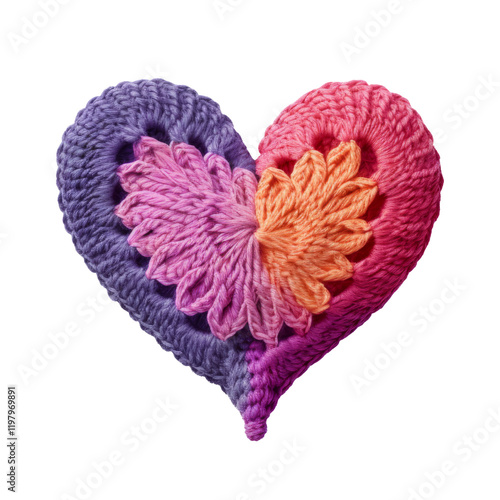 Crocheted multi-colored heart on a transparent background.