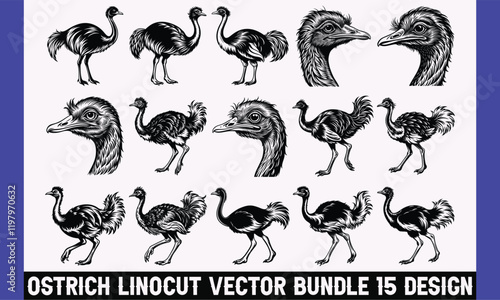 Ostrich Linocut Vector Bundle: Versatile collection of handcrafted ostrich linocut designs, perfect for retro, rustic, and elegant creative design projects. photo