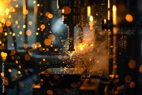 Industrial machine tool is drilling metal with sparks flying in workshop photo