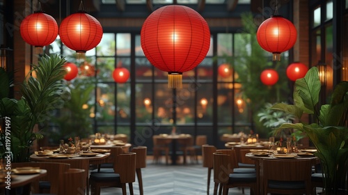Elegant Asian restaurant interior with red lanterns.