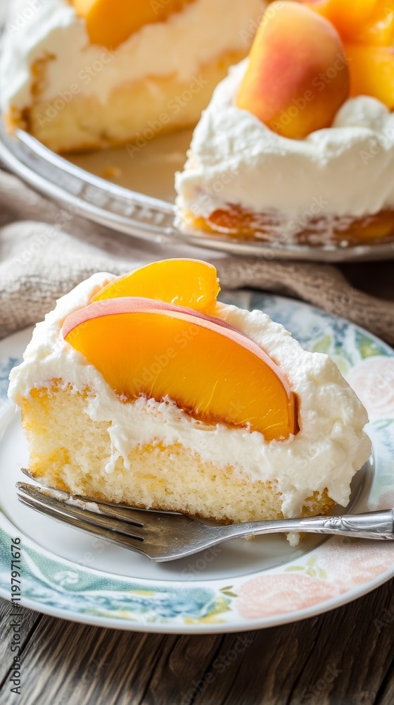 A Delectable Slice of Peach Cake: Exquisitely Creamy Whipped Cream and Fresh Peach Perfection A Delectable Slice of Peach Cake: Exquisitely Creamy Whipped Cream and Fresh Peach Perfection