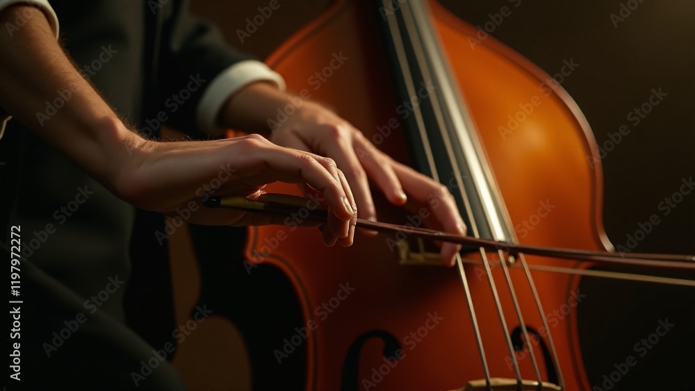 Close-up of hands playing a double bass with worn strings, polished wood, and soft, warm lighting. The scene exudes a vintage charm, capturing the essence of jazz instrumentation. Close-up of hands playing a double bass with worn strings, polished wood, and soft, warm lighting. The scene exudes a vintage charm, capturing the essence of jazz instrumentation.
