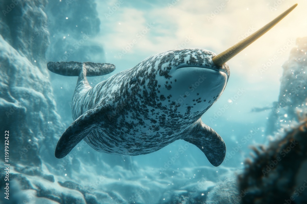 Φωτογραφία A detailed illustration of a narwhal swimming under icy waters, with its long tu