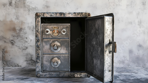 3d render vintage steel safe box, damaged, open, rotary handle, high-resolution image. Moonbark. Illustration photo