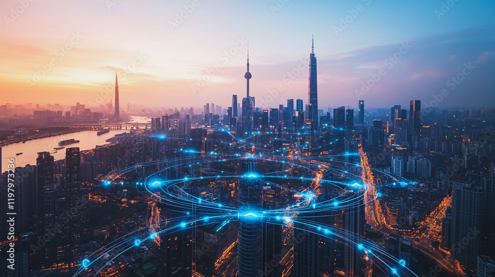 Fototapeta premium Abstract business man stands on the peak of success amid tall, innovative Smart city and graphs with statistics to analyze business potential and predict future developments in company growth.