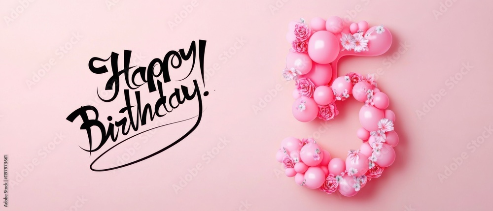 Naklejka premium Happy 5th Birthday Pink Balloon Number Five with Flowers