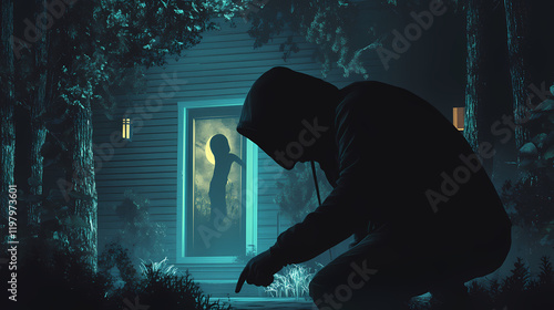 A hooded figure breaking into a house at dusk, concept of burglary and home security. Moonbark. Illustration photo