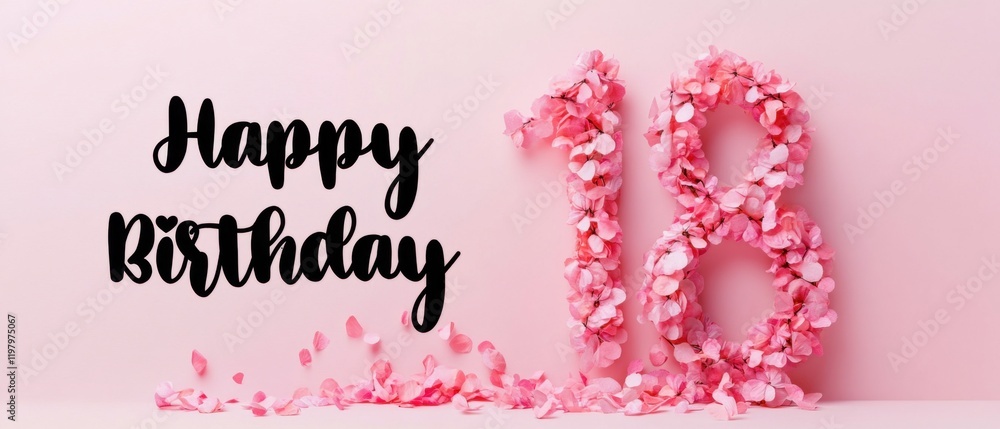Naklejka premium Happy 18th Birthday Floral Arrangement: Pink Hydrangea Number Eighteen