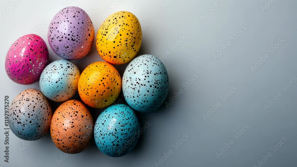 Colorful speckled eggs arranged artistically on a light surface for spring celebration Colorful speckled eggs arranged artistically on a light surface for spring celebration