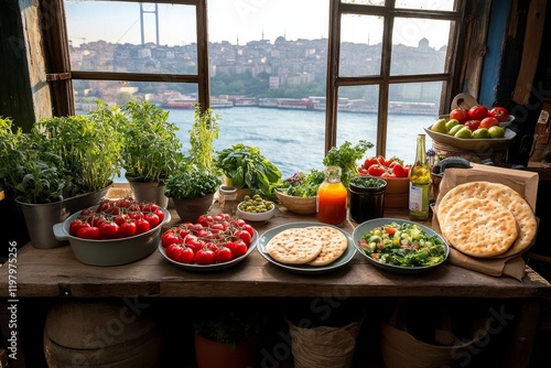 Familia turca se reúne en una cocina luminosa mientras preparan comidas tradicionales y disfrutan de la vista al mar photo