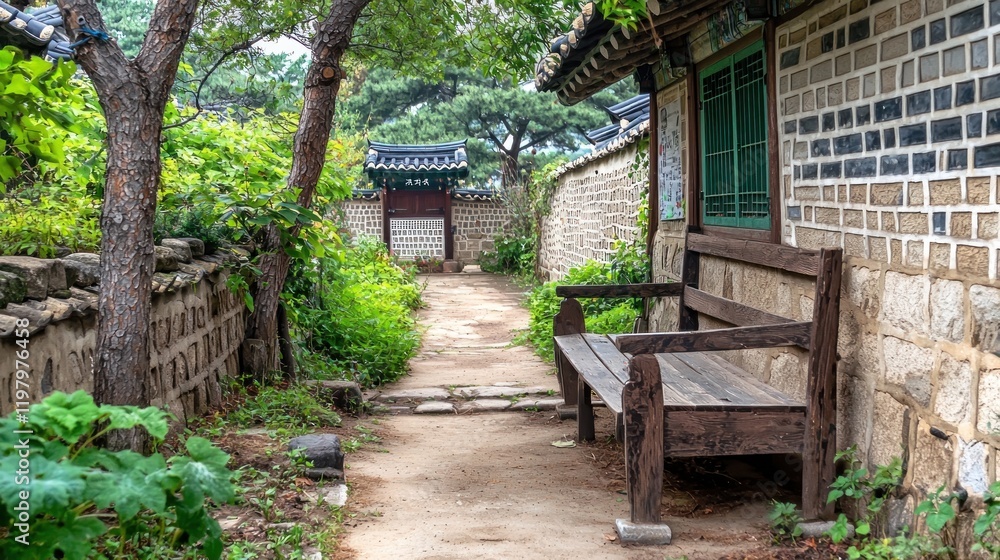Serene Korean Village Pathway Bench Serene Korean Village Pathway Bench