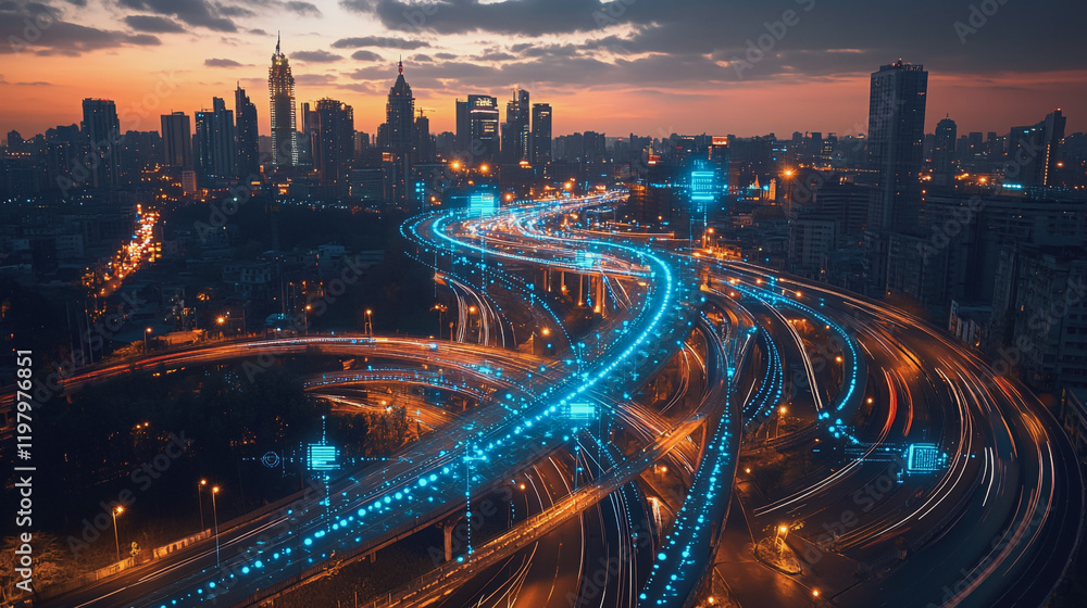 Obraz premium Abstract business man stands on the peak of success amid tall, innovative Smart city and graphs with statistics to analyze business potential and predict future developments in company growth.