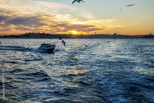 flying seaguls and boat at colorful sunset  in the bosphorus in istanbul, constantinople