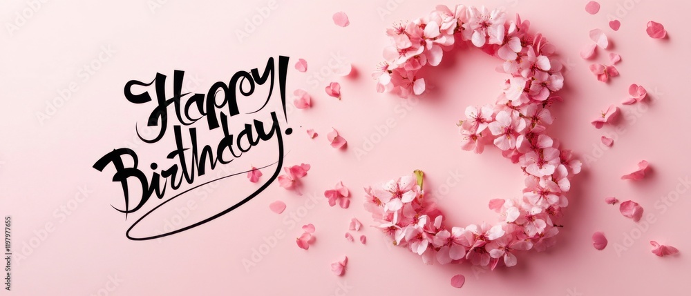 Naklejka premium Happy 3rd Birthday Floral Number Three Pink Flowers Festive Background