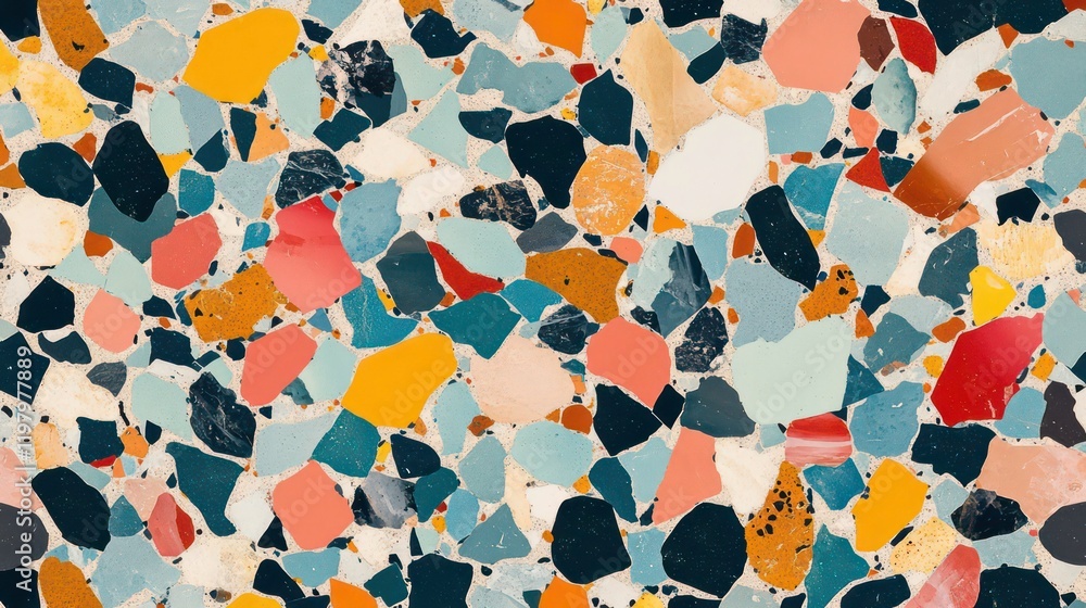 Colorful terrazzo texture with irregular stone chips in various shades of blue, red, orange, and white. Colorful terrazzo texture with irregular stone chips in various shades of blue, red, orange, and white.