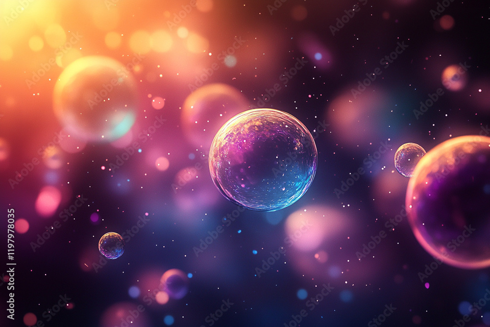 Iridescent bubble-like spheres create a vibrant atmosphere on a dark background Iridescent bubble-like spheres create a vibrant atmosphere on a dark background