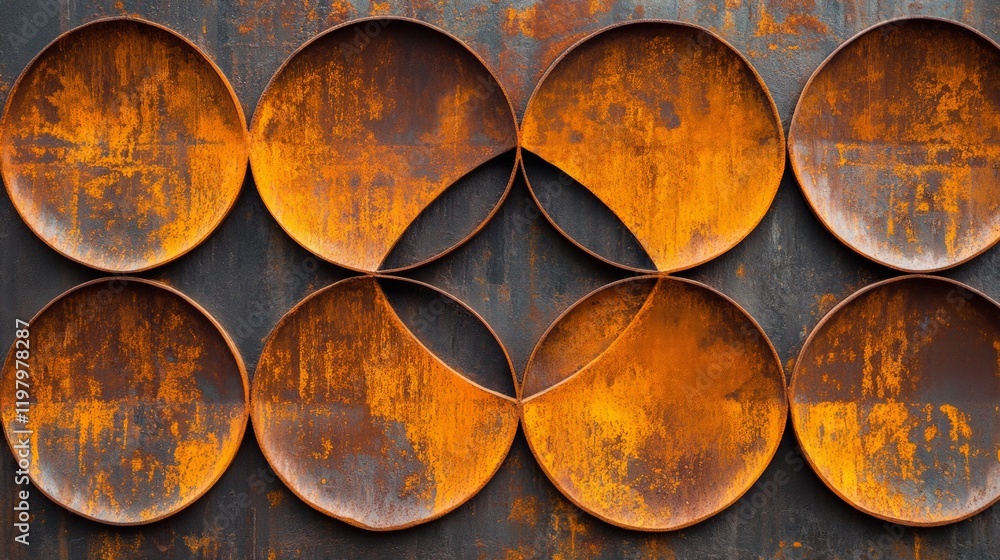 Abstract Metal Art with Textured Cyclical Patterns and Rust Effect Abstract Metal Art with Textured Cyclical Patterns and Rust Effect