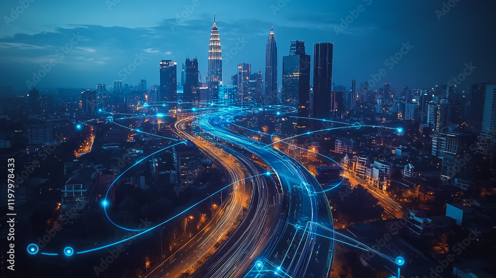 Obraz premium Abstract business man stands on the peak of success amid tall, innovative Smart city and graphs with statistics to analyze business potential and predict future developments in company growth.