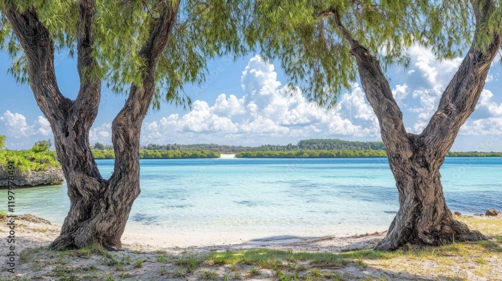 Tropical beach framed by trees, serene lagoon view Tropical beach framed by trees, serene lagoon view