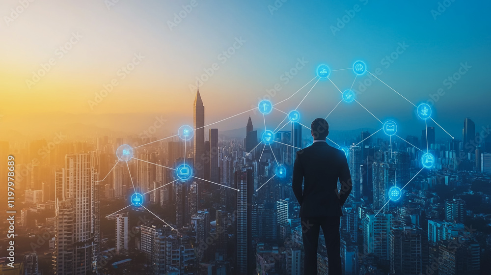 Abstract business man stands on the peak of success amid tall, innovative Smart city and graphs with statistics to analyze business potential and predict future developments in company growth. Abstract business man stands on the peak of success amid tall, innovative Smart city and graphs with statistics to analyze business potential and predict future developments in company growth.