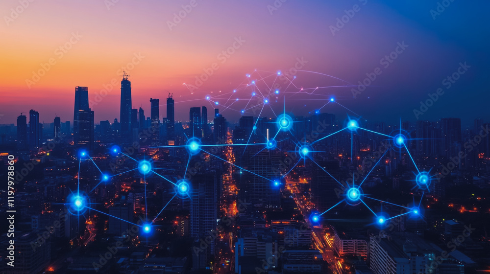 Fototapeta premium abstract, business, team, stands, peak, success, Abstract business man stands on the peak of success amid tall, innovative Smart city and graphs with statistics to analyze business potential and predi