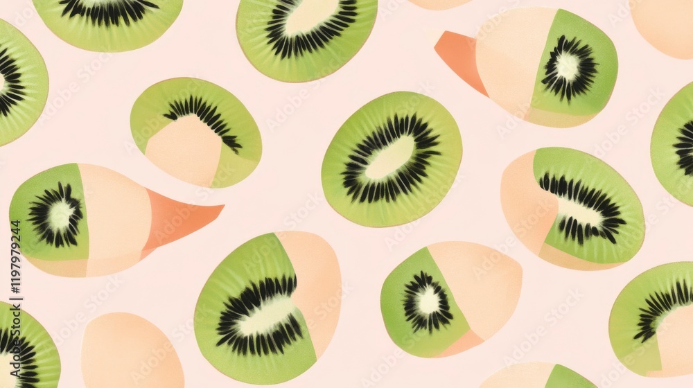 Fototapeta premium A Delicate Kiwi Fruit Pattern Design with Abstract Slices