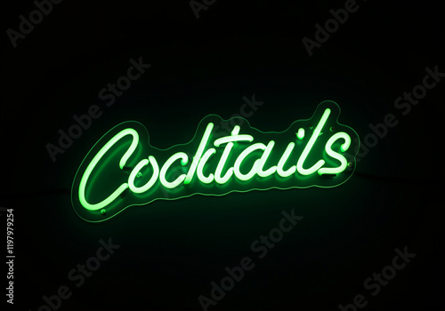 Neon sign Cocktails with green glowing light and drinks in vibrant bar atmosphere photo