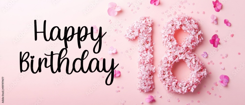 Naklejka premium Happy 18th Birthday Floral Number Design with Pink Flowers and Confetti