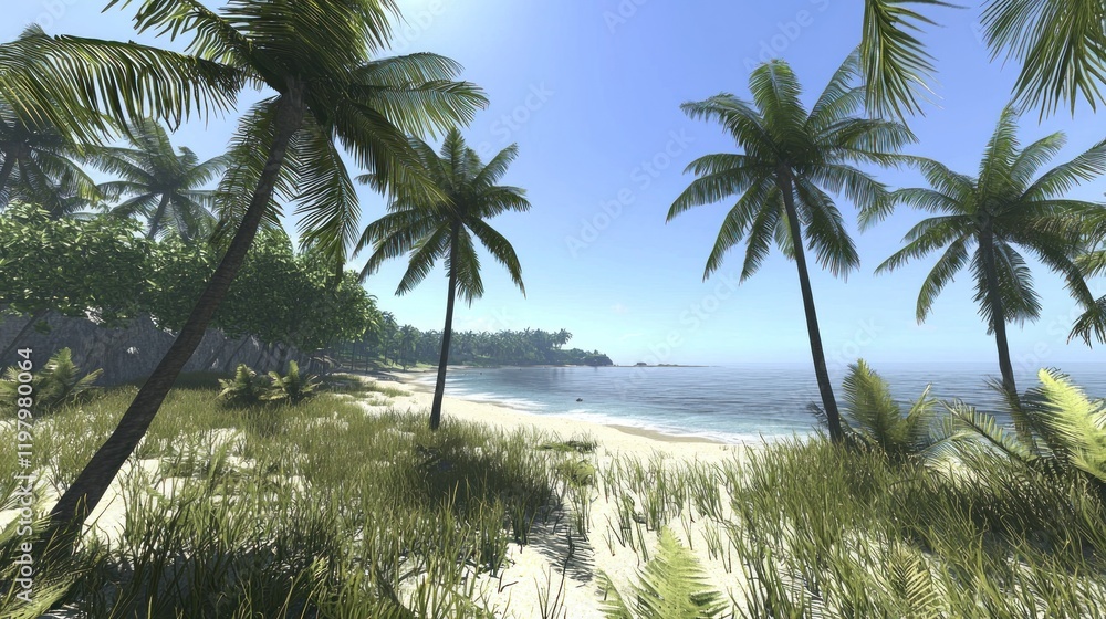 Tropical beach paradise, sunny day, ocean view, palm trees, island background, travel Tropical beach paradise, sunny day, ocean view, palm trees, island background, travel