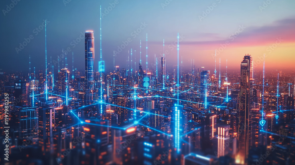 Fototapeta premium abstract, business, team, stands, peak, success, Abstract business man stands on the peak of success amid tall, innovative Smart city and graphs with statistics to analyze business potential and predi