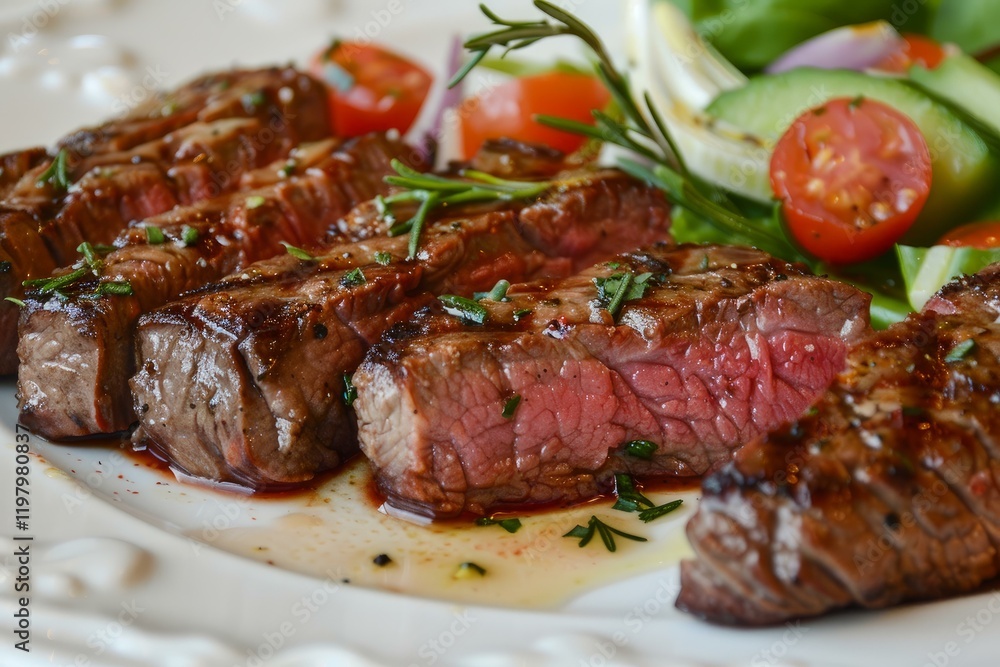 Delicious sliced grilled steak with rosemary and salad, resting on a white plate Delicious sliced grilled steak with rosemary and salad, resting on a white plate