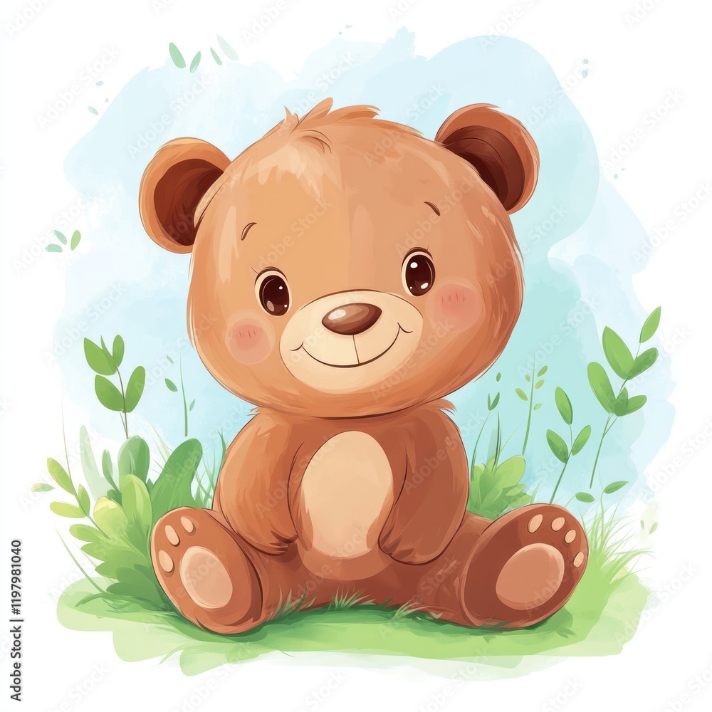 Cute teddy bear sitting on grass with blue sky background, suitable for kids' content Cute teddy bear sitting on grass with blue sky background, suitable for kids' content