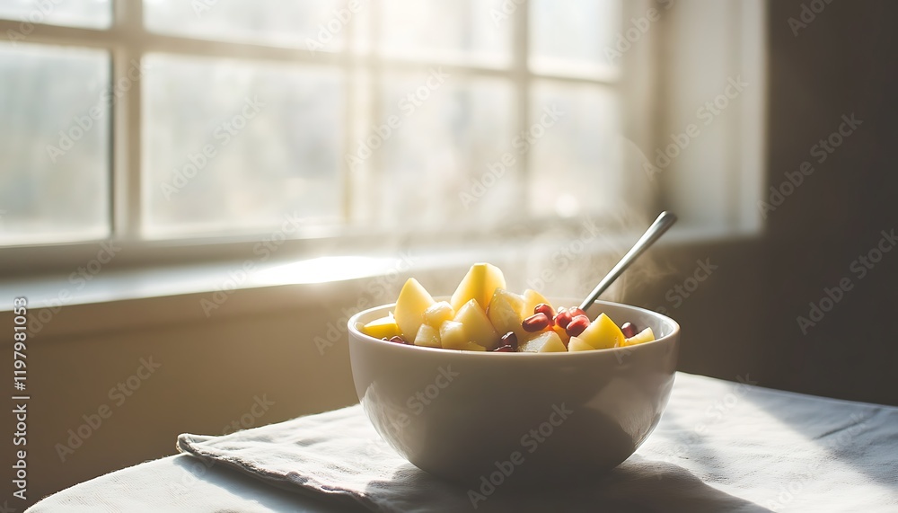 Warm Oatmeal Breakfast with Fruit in Sunlight Warm Oatmeal Breakfast with Fruit in Sunlight