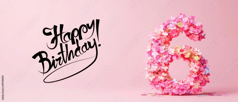 Naklejka premium Happy 6th Birthday Floral Number Six Pink Background Stock Photo