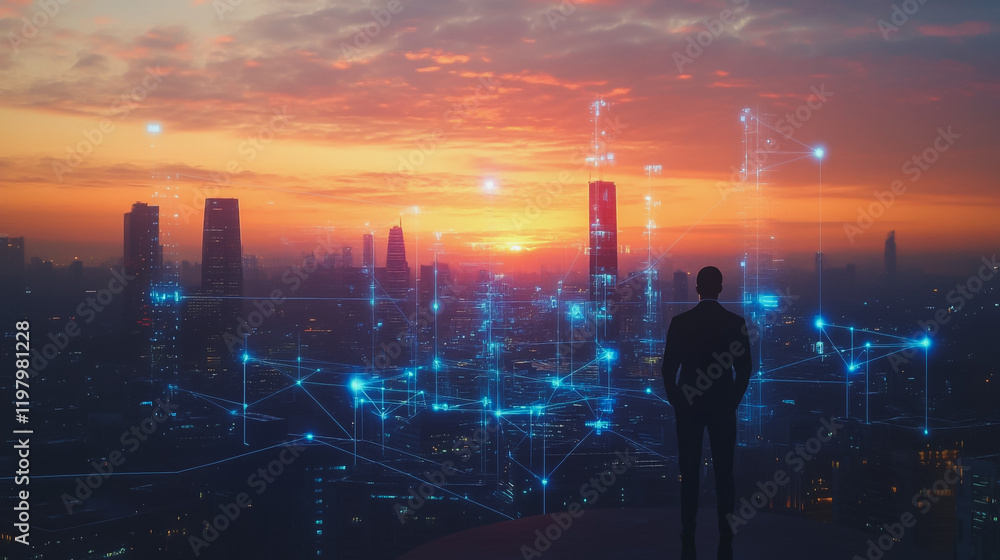 Fototapeta premium abstract, business, team, stands, peak, success, Abstract business man stands on the peak of success amid tall, innovative Smart city and graphs with statistics to analyze business potential and predi