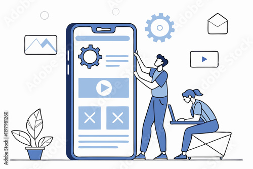 Mobile app development, user interface design, software engineering, teamwork, flat illustration, giant smartphone, coding symbols, gear icon, chat bubble, collaborative workspace, technology concept,