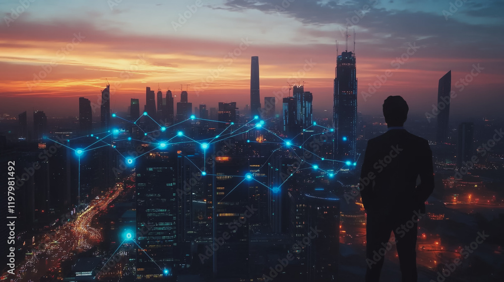 custom made wallpaper toronto digitalabstract, business, team, stands, peak, success, Abstract business man stands on the peak of success amid tall, innovative Smart city and graphs with statistics to analyze business potential and predi