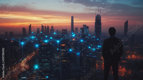 Wallpaper Mural abstract, business, team, stands, peak, success, Abstract business man stands on the peak of success amid tall, innovative Smart city and graphs with statistics to analyze business potential and predi Torontodigital.ca