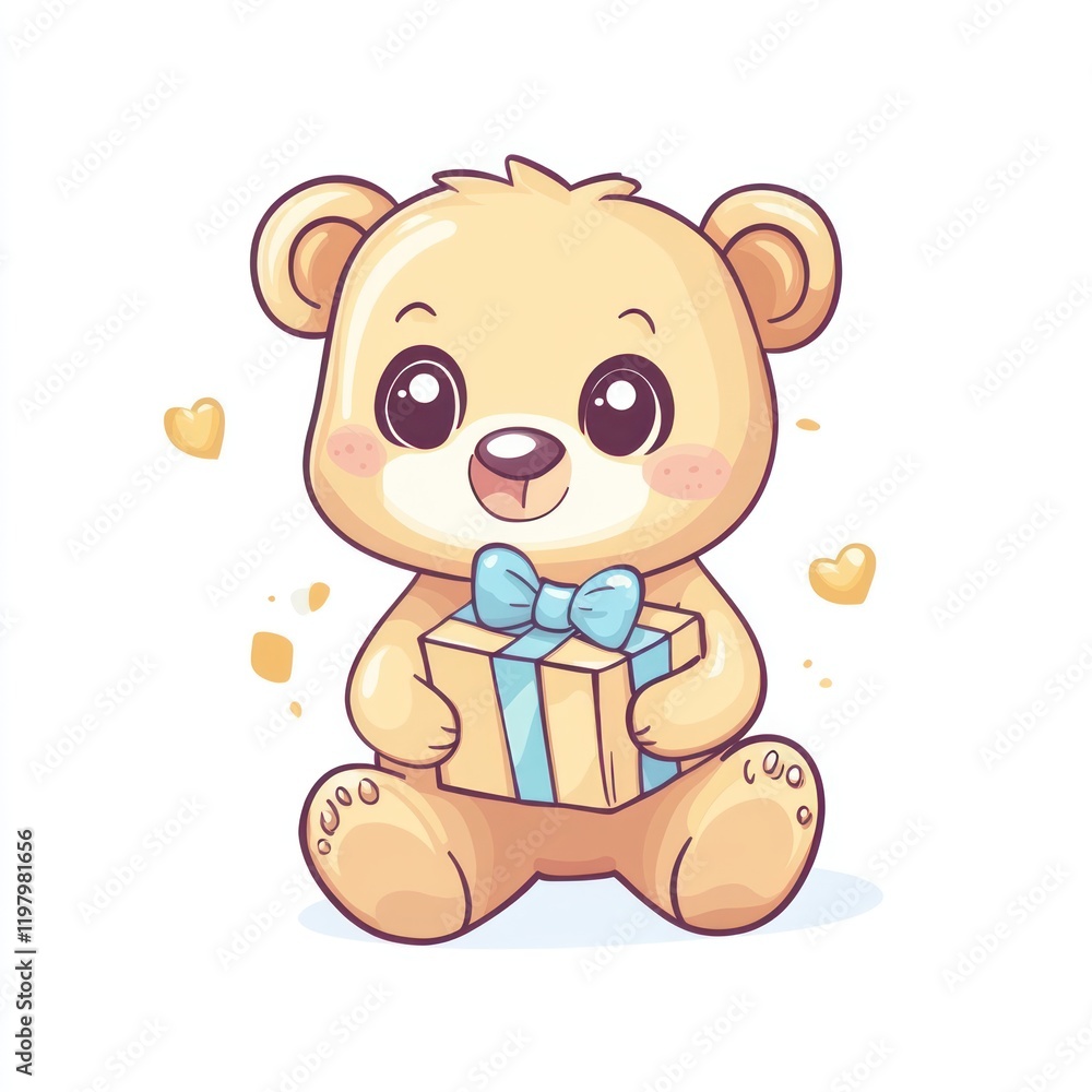 Obraz premium Teddy bear holds gift, yellow hearts background, for kids, gifts, birthdays or baby showers