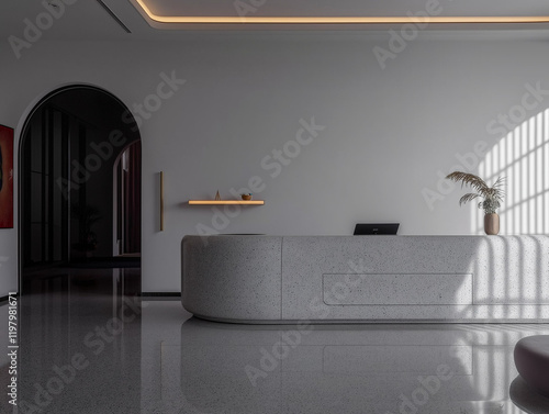 Luxury and contemporary lobby area interior design with reception counter	
