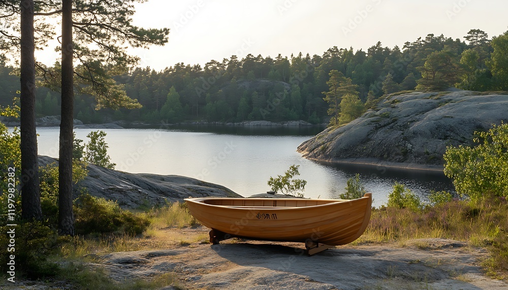 Wooden Rowboat on Rocky Lake Shore at Sunset Wooden Rowboat on Rocky Lake Shore at Sunset