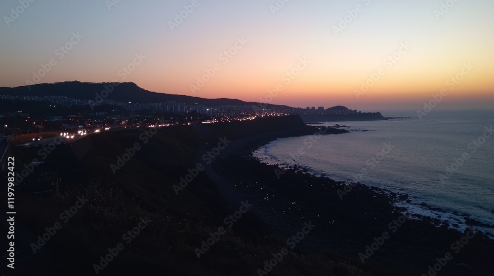 Coastal Sunset Cityscape, Dusk Ocean View, Highway Lights Coastal Sunset Cityscape, Dusk Ocean View, Highway Lights