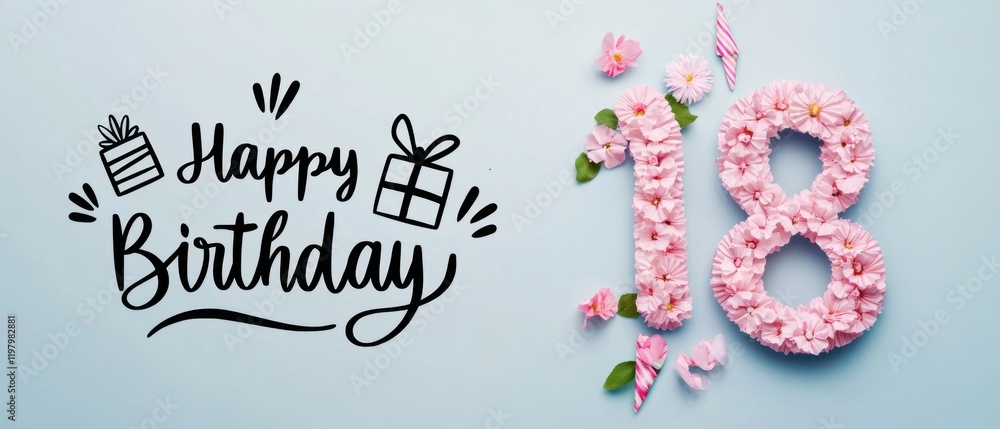 Naklejka premium Happy 18th Birthday Floral Number Design with Gift and Party Decorations