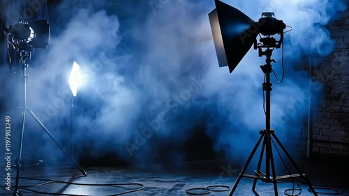 Professional studio setup with fog and lights, symbolizing creativity, cinematic effects, and professional photography tools for innovative visual storytelling.
